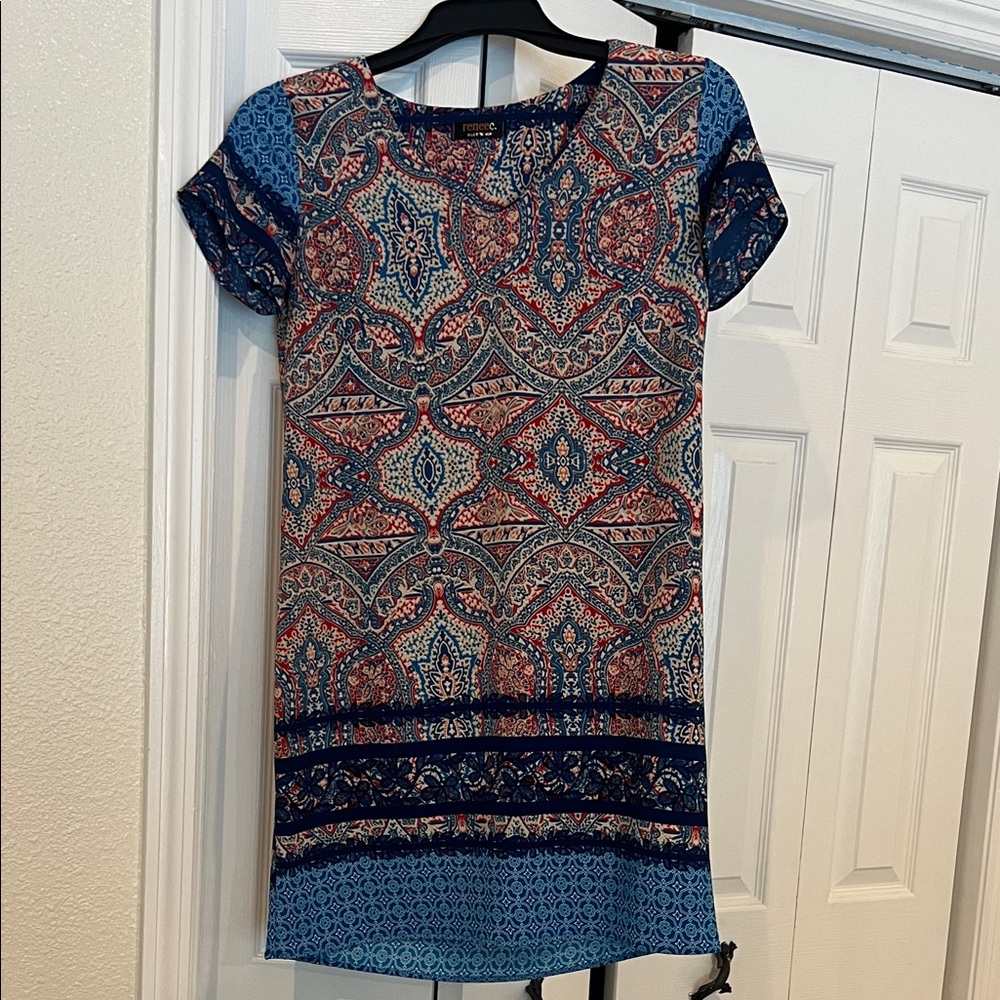 Renee C Elegant Blue and Red Patterned Dres